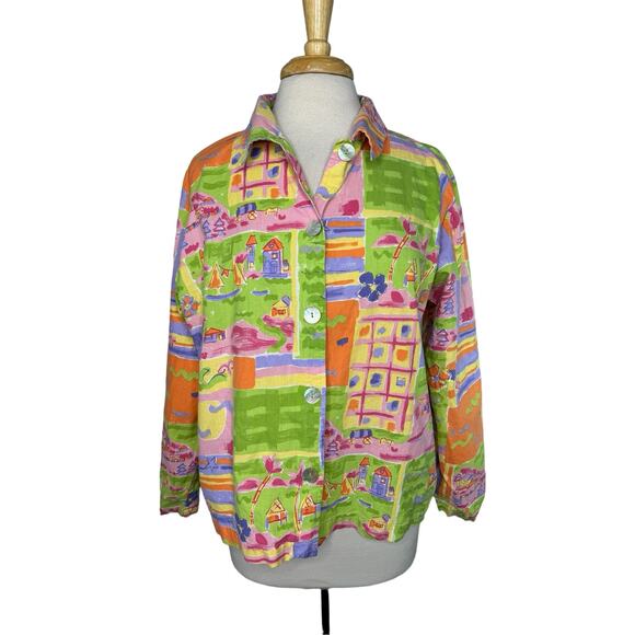 COLDWATER CREEK Pink Multicolor Beach Town Colorful Button Up Shirt Size Large - Picture 1 of 9